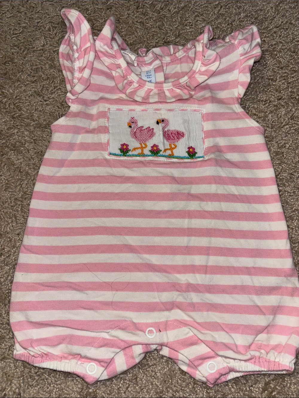 Pink Striped Flutter-Sleeve One-Piece with Flamingo Patch